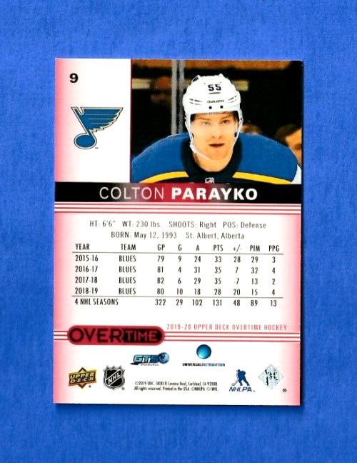 Colton Parayko  2019-20 Upper Deck Overtime RED  #9 -  96/99   -  S.L, Blues
