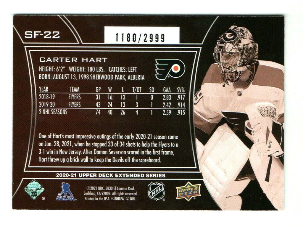 2020-21 UD Extended Series Carter Hart SPx Finite  #SF-22 #'D 1180/2999 - Flyers