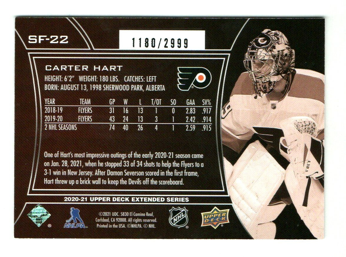 2020-21 UD Extended Series Carter Hart SPx Finite  #SF-22 #'D 1180/2999 - Flyers