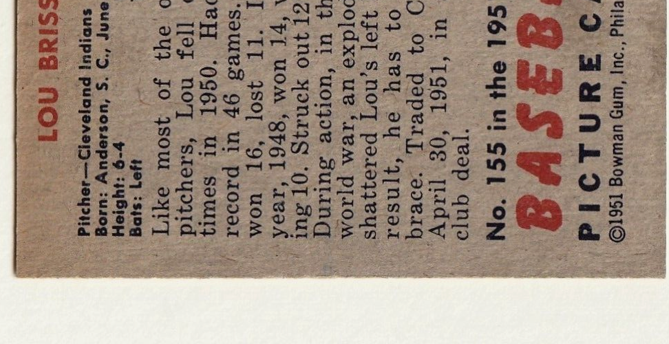 1951 Bowman  -  Lou Brissie   -  Cleveland Indians #155   EX-NRMT