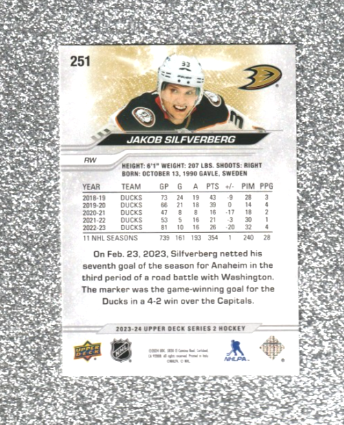 Jakob Silfverberg 2023-24 Upper Deck Series 2 Outburst Silver #251 Anaheim Ducks