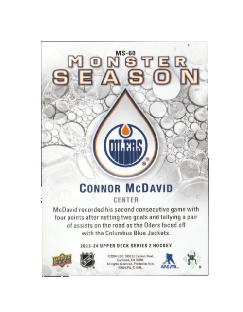 2023-24 UD Monster Season - CONNOR McDAVID - Edmonton Oilers - Card # MS-60