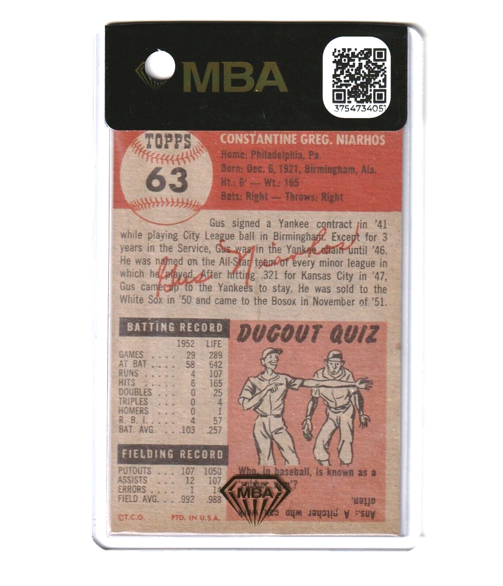 1953 Topps   -   Gus Niarhos  #63   -   MBA AUTHENTIC   -  Boston Red Sox