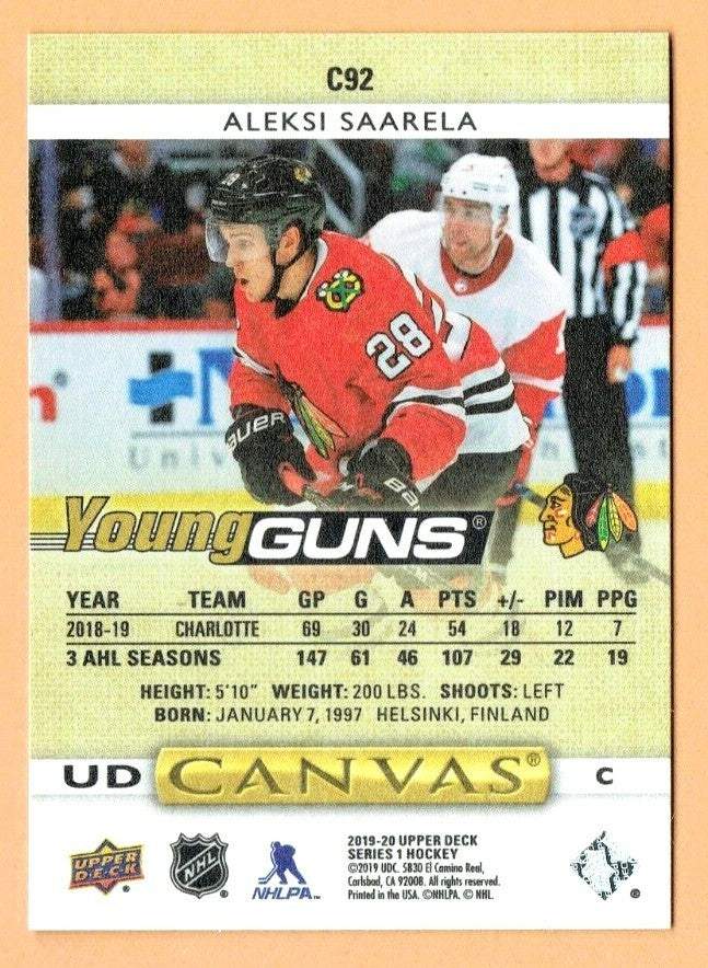 2019-20 Upper Deck - YOUNG GUNS CANVAS - Aleksi Saarela C92  Chicago Black Hawks
