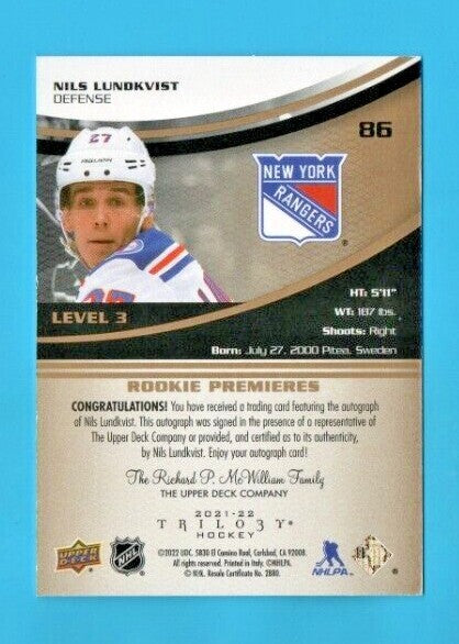 2021-22 Extended Series  Trilogy Auto #86 Nils Lundkvist 13/49 - New YorkRangers