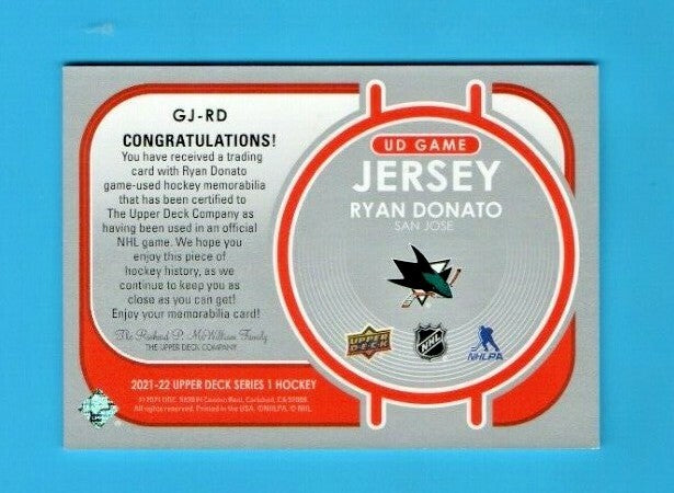 2021-22 Upper Deck UD Game Jersey Ryan Donato San Jose Sharks #GJ-RD - Aqua