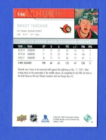 BRADY TKACHUK 2021-22 Upper Deck Extended Serie Ud Exclusives  (10/10 ERROR)
