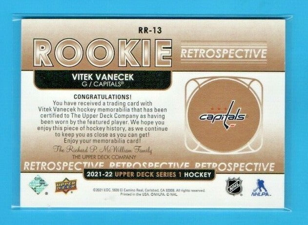 Vitek Vanecek 2021-22 UD Series 1 RR-13 Rookie Retrospective  Jersey  Red  Patch