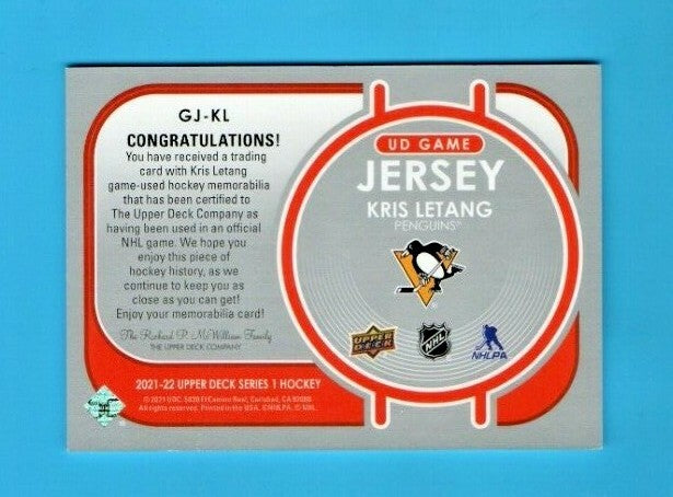 2021-22 Upper Deck Series 1 UD Game Jersey GJ-KL - KRIS LETANG - Penguins Black