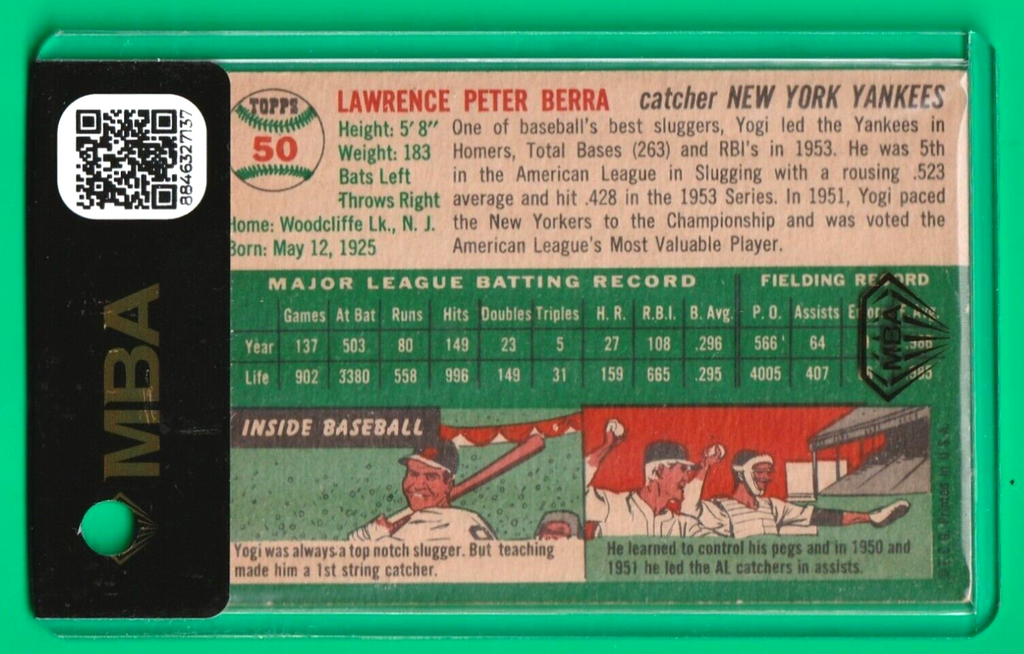 1954 Topps   -  Yogi Berra  #50  - MBA AUTHENTIC    -   New York Yankees Legend