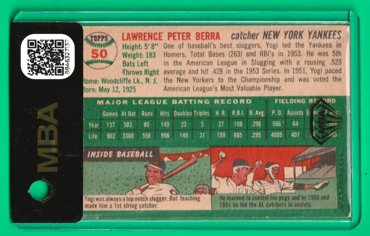 1954 Topps   -  Yogi Berra  #50  - MBA AUTHENTIC    -   New York Yankees Legend