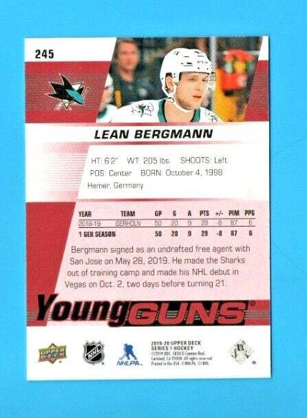 Lean Bergmann Young Guns Exclusives 070/100 Gold RC Rookie Card San Josee Sharks