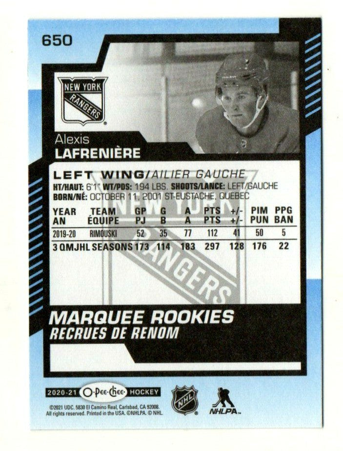 2020-21 Upper Deck series 2 Alexis Lafreniere OPC Marquee Rookies blue border 