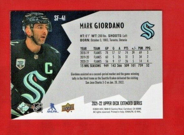 Mark Giordano 2021-22 UD Extended SPxFinite Radiance (GOLD)   # SF-41 -- 676/799