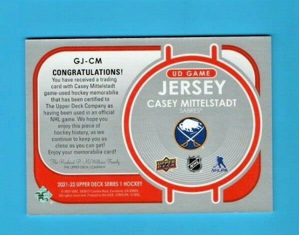 2021-22 Upper Deck UD Game Jersey  - Casey Mittelstadt  - #GJ-CM Sabres  -  Blue