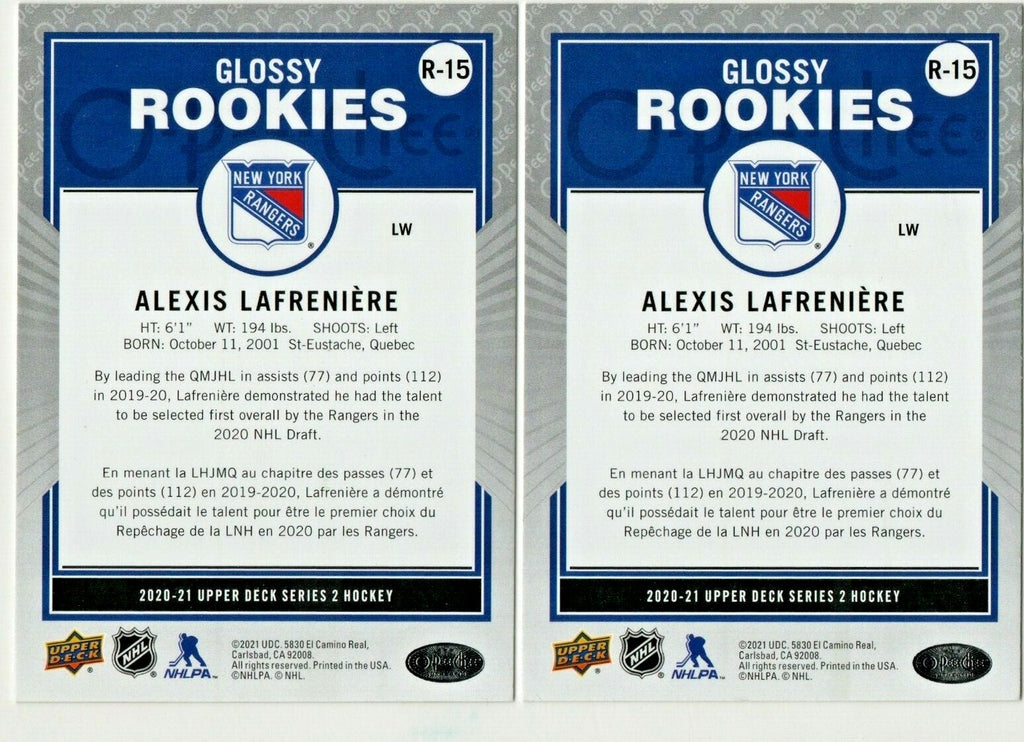 2020-21 Upper Deck OPC Glossy Rookies R-15 Alexis Lafreniere  Bronze And White