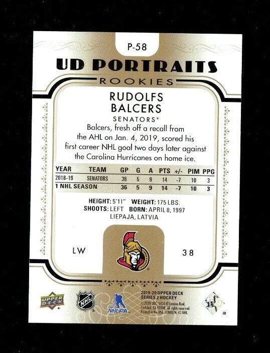 2019-20 Series 2 UD Portraits Gold Foil Rookie #P-58 Rudolfs Balcers 57/99 -Sens