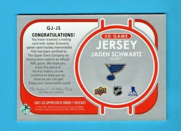 2021-22 Upper Deck Series 1 UD Game Jersey GJ-JS Jaden Schwartz -  Blues  - Blue