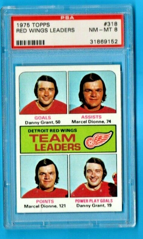 1975/76 TOPPS NHL HOCKEY  #318 MARCEL DIONNE DANNY GRANT LEADERS - PSA NM-MT 8
