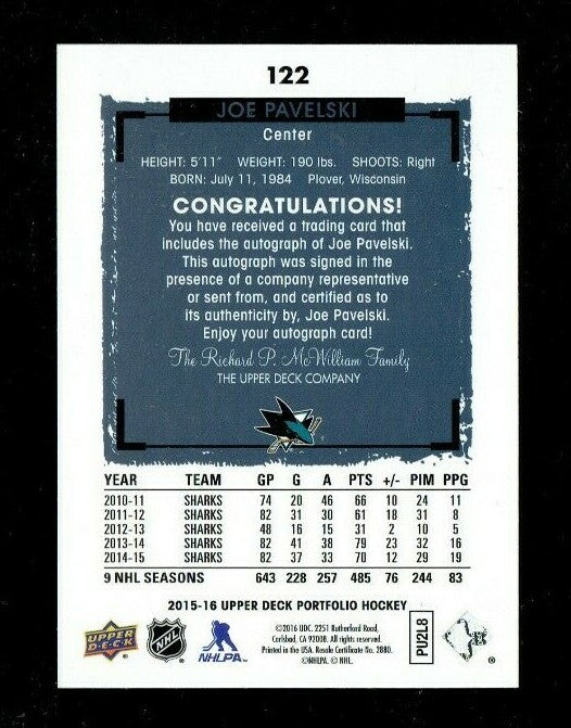 2015-16 UPPER DECK PORTFOLIO  --  JOE PAVELSKI -- AUTO -- SAN JOSE SHARKS #122
