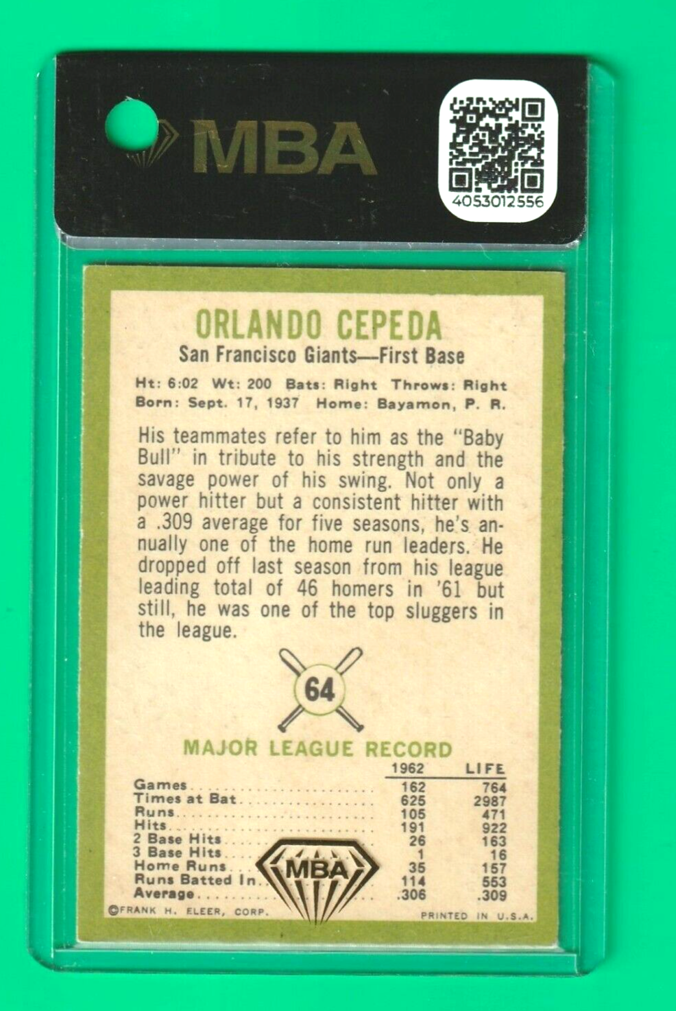 1963 Fleer  -  Orlando Cepeda  #64  -  San Francisco Giants    -   MBA AUTHENTIC