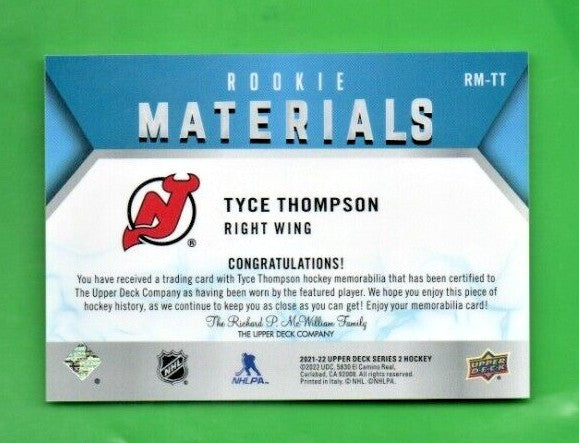 Tyce Thompson 2021-22 UD Series 2 Rookie Material Relic  RED  #RM-TT Devils