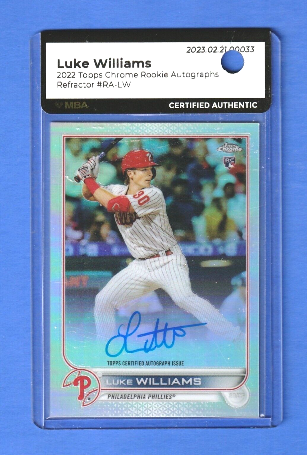 2022 Topps Chrome Refractor Luke Williams ROOKIE AUTO /499 #RA-LW  MBA AUTHENTIC