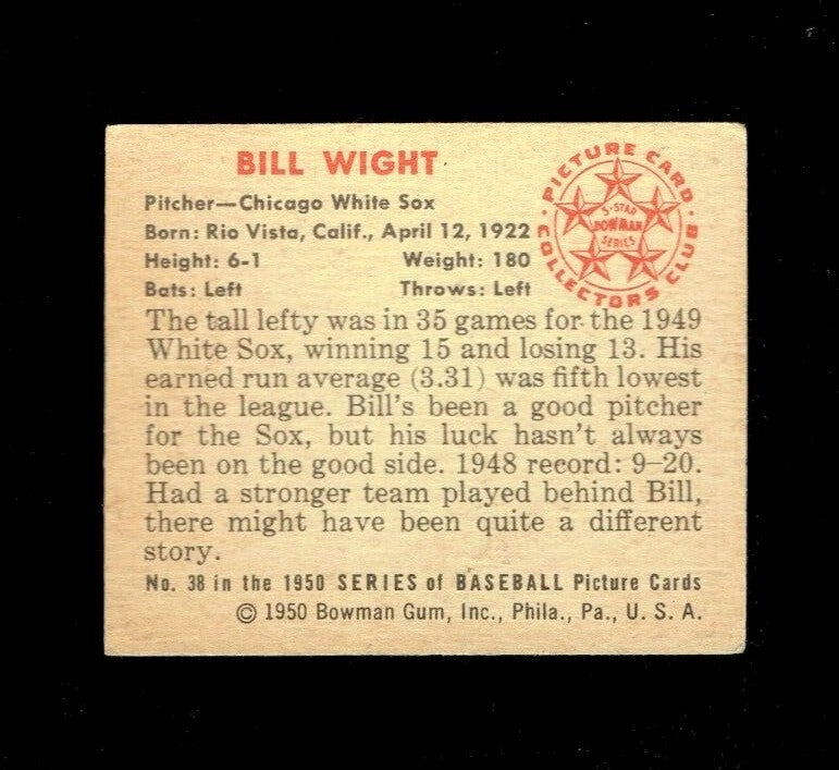 1950 Bowman Baseball Bill Wight Boston Red Sox #38