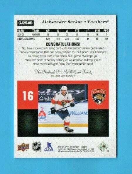 2021-22 UD Series 1 UD Game Jersey 25th Anniversary Barkov Unannouced #GJ25-AB 