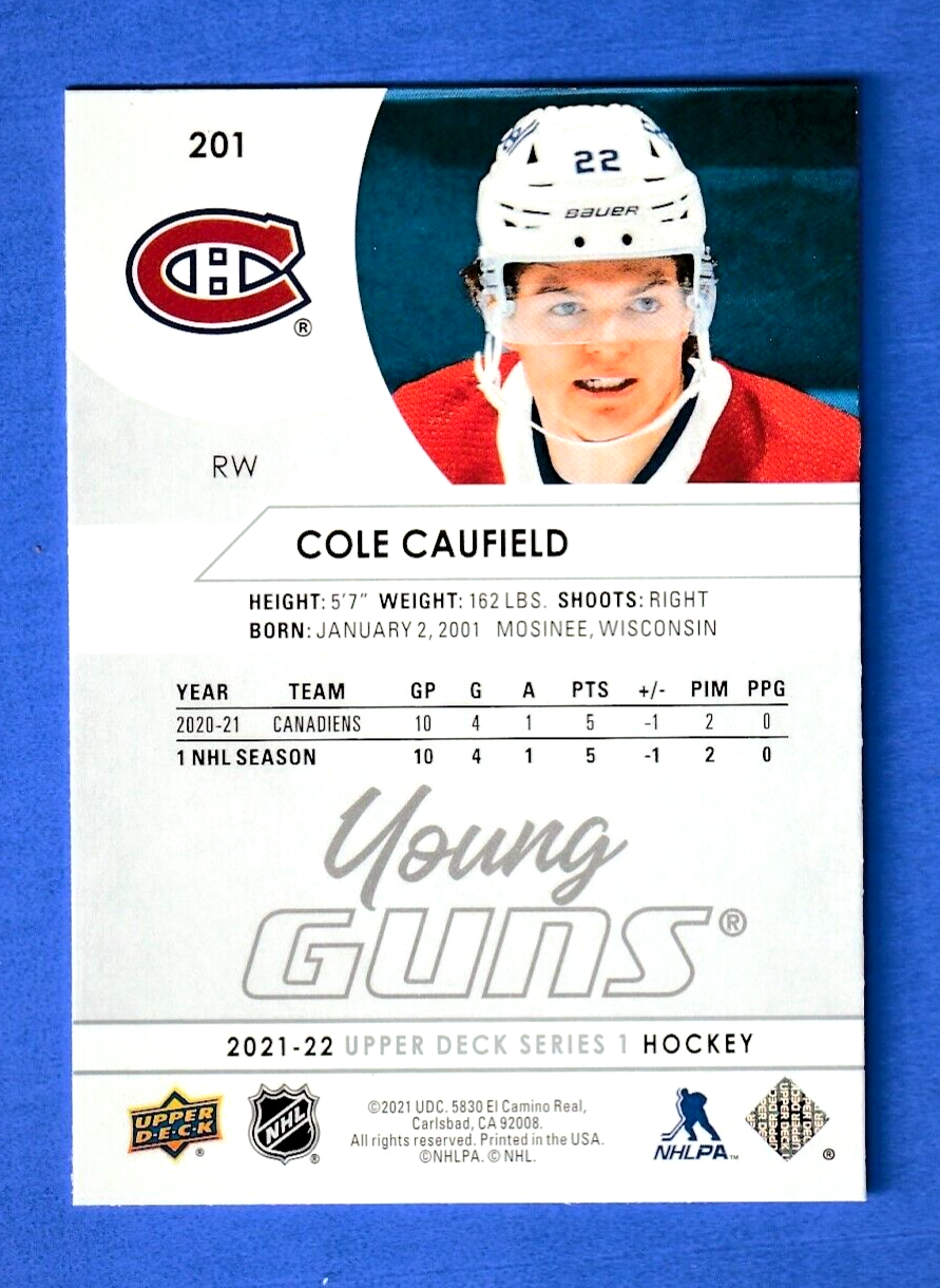 2021-22 UD UPPER DECK SERIES 1 YOUNG GUNS #201 COLE CAUFIELD YG RC  Montreal