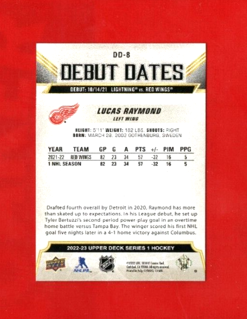 2022-23 UD Series 1 GOLD Debut Dates  - Lucas Raymond  - #DD-8 Detroit Red Wings