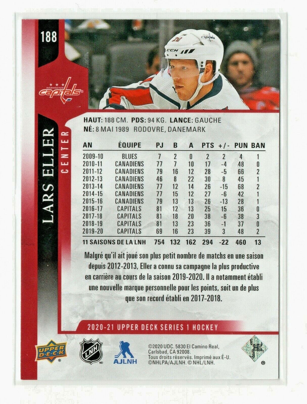 2020-21 UPPER DECK EXCLUSIVES FRENCH #188 LARS ELLER 079/100 Washington Capitals
