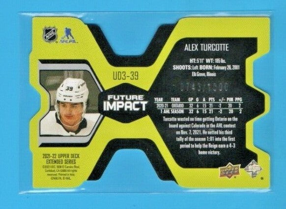 2021/22 UD Extended UD3-39  Alex Turcotte Future Impact Rookie Card 0743/1000