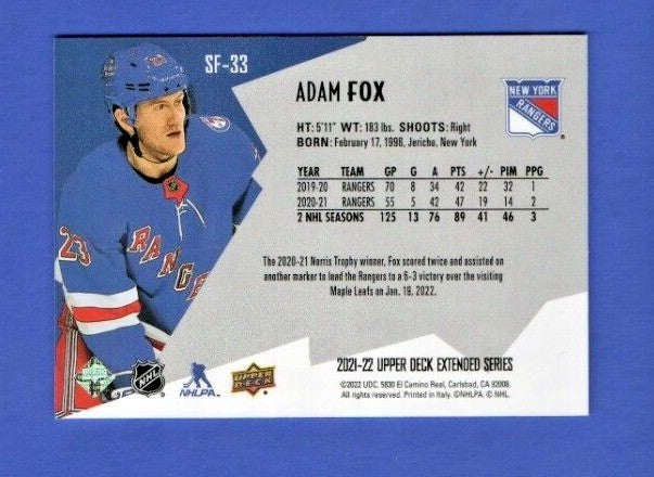 Adam Fox   2021-22 UD Ext. SPxFinite Radiance Silver #SF-33  2937/2999