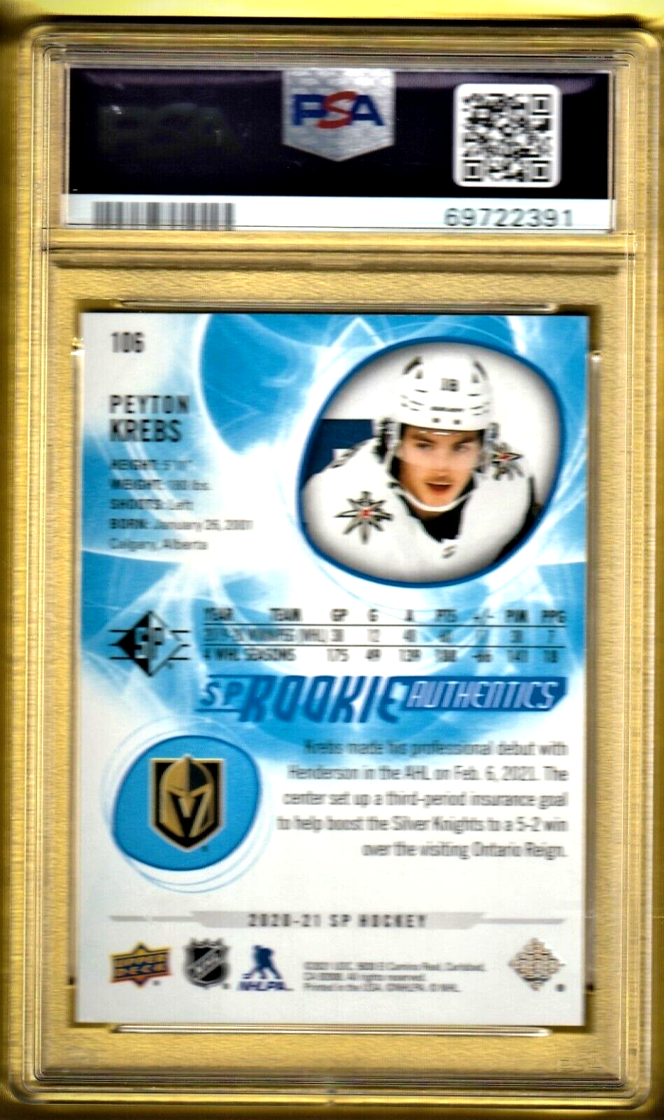 2020 Sp  Blue  -  Vegas Golden Knights - ROOKIE - Peyton Krebs #106 PSA 9 MINT