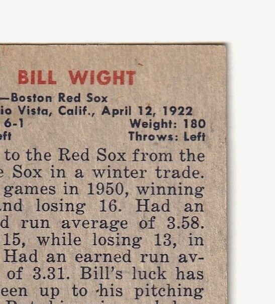 1951 Bowman #164  -  Bill Wight  -  Pitcher  -  Boston Red Sox  EX-NRMT