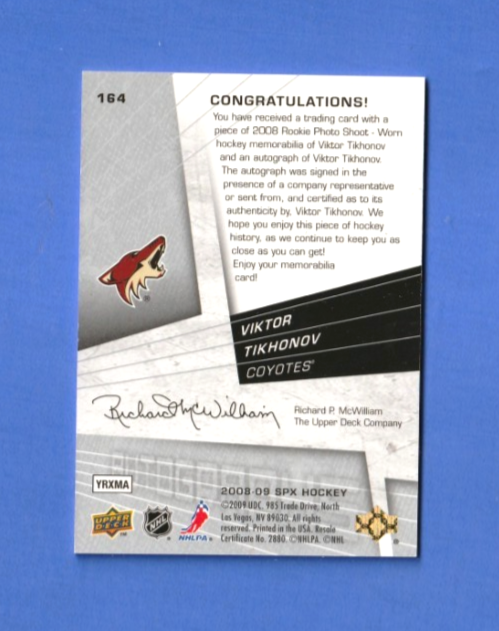 2008-09 SPx Rookies Jersey  Autograph #164  -  Viktor Tikhonov  -  RC    014/999
