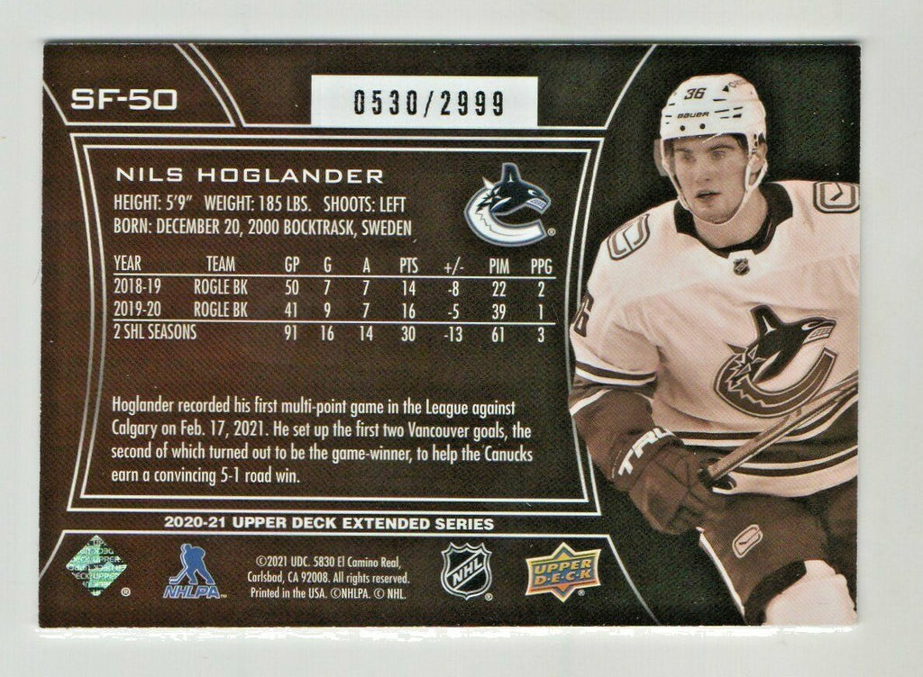 NILS HOGLANDER ROOKIE 0530/2999 2020-21 Upper Deck Extended  SPX FINITE #SF-50