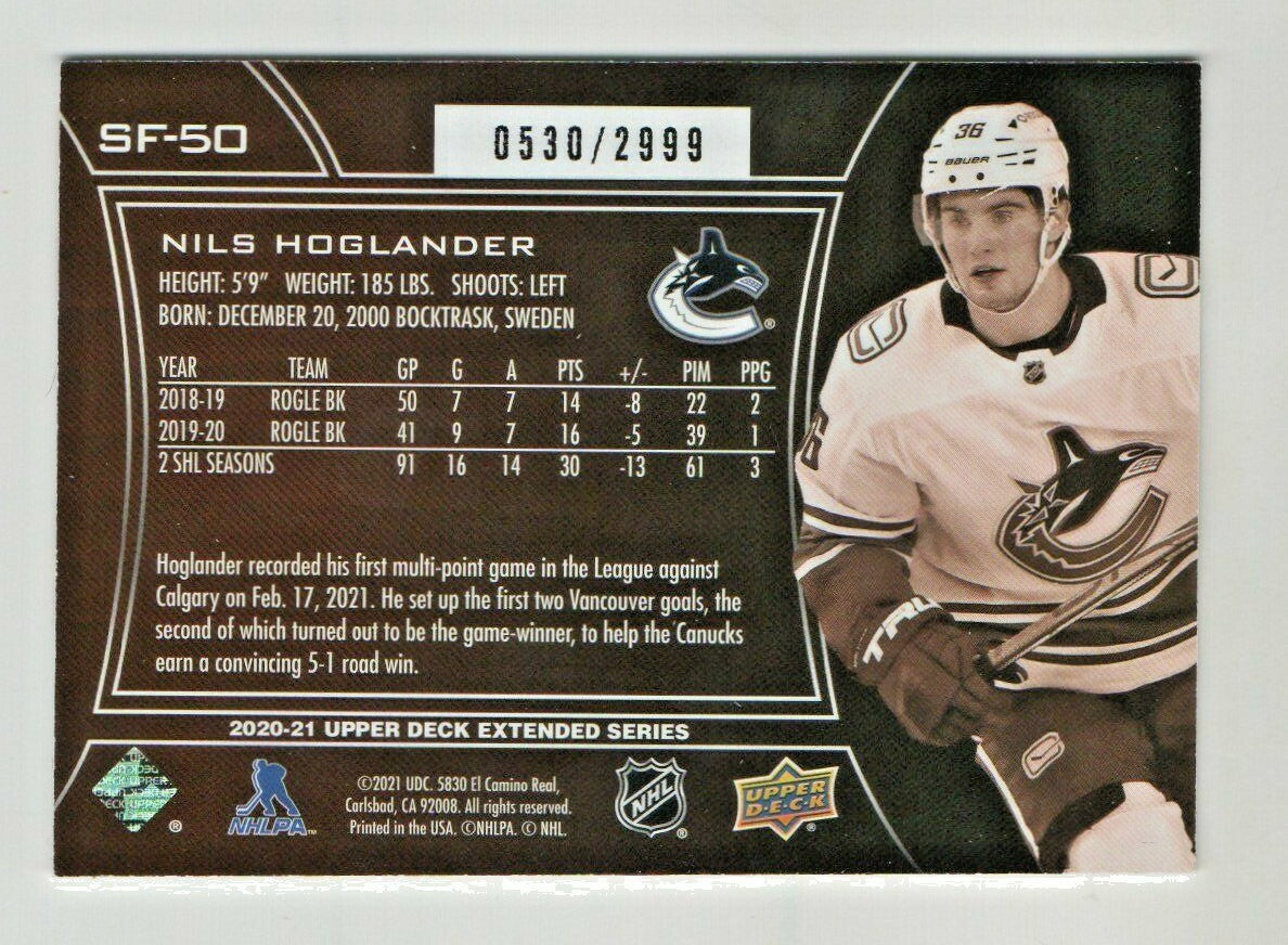 NILS HOGLANDER ROOKIE 0530/2999 2020-21 Upper Deck Extended  SPX FINITE #SF-50
