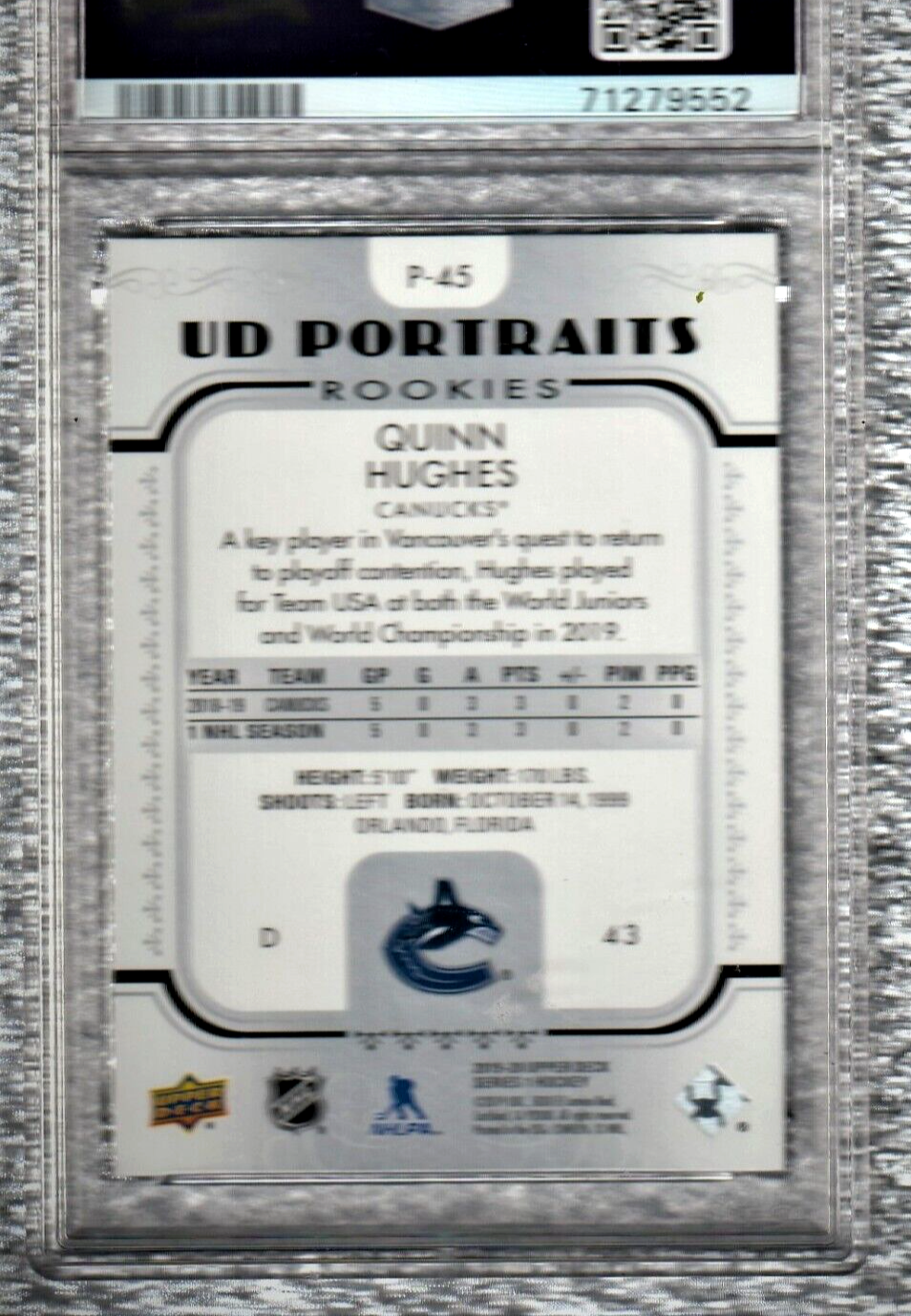 2019 Upper Deck UD Portraits   Quinn Hughes   Canucks ROOKIE #P-45 PSA 8 NM-MT