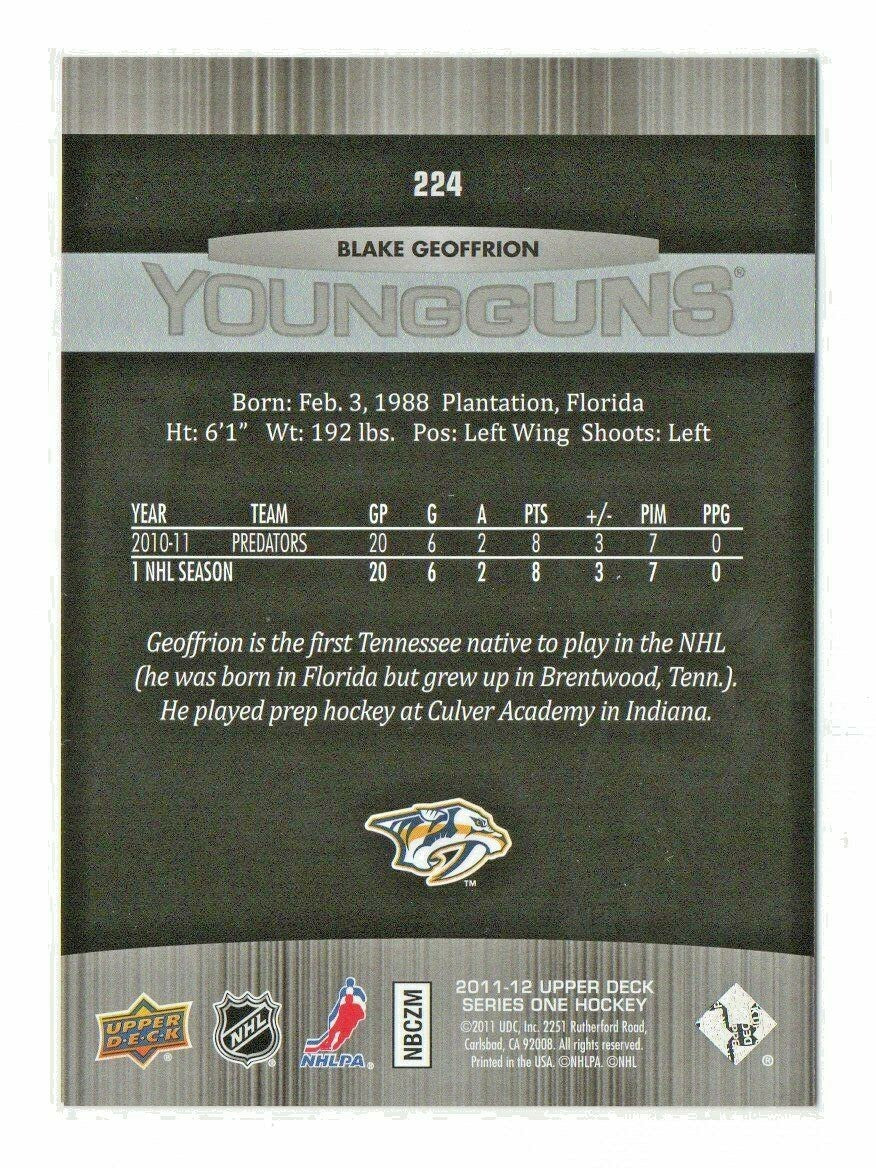 2011-12 Upper Deck Young Guns Rookie #224 Blake Geoffrion RC Nashville Predators