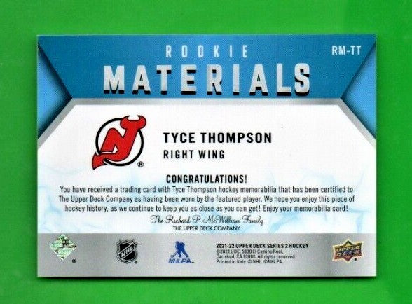 Tyce Thompson 2021-22 UD Series 2 Rookie Material Relic  BLACK   #RM-TT Devils