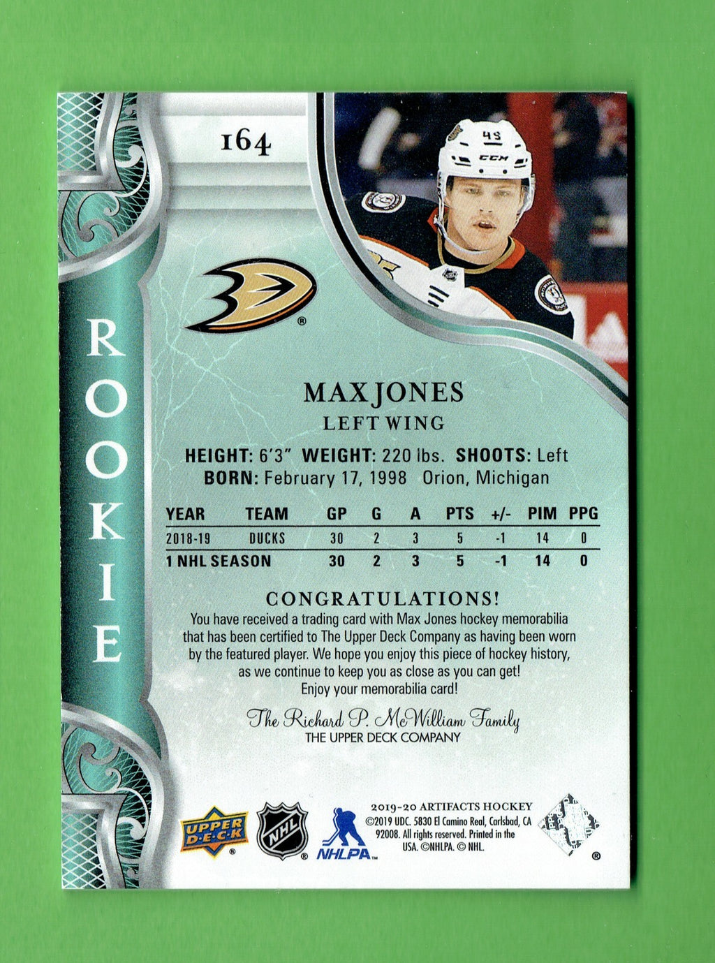 MAX JONES 121/199 RC DUAL JERSEY GOLD 2019-20 UPPER DECK ARTIFACTS DUCKS ROOKIE