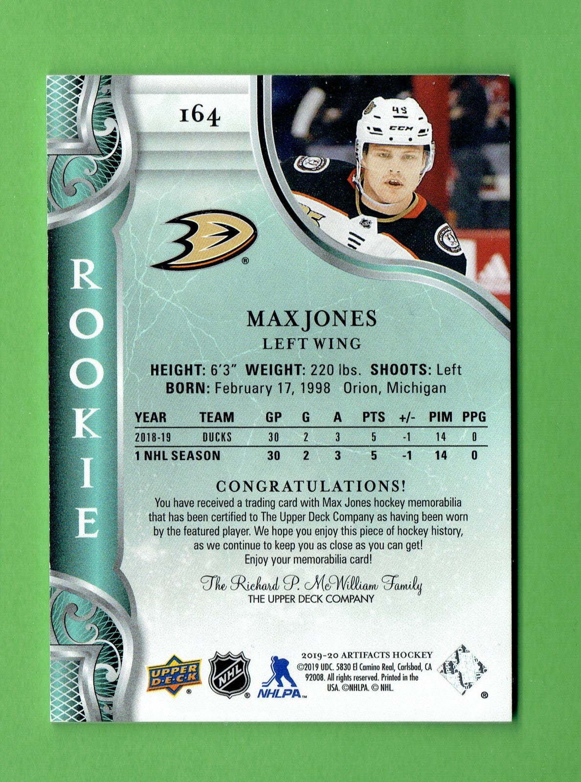 MAX JONES 121/199 RC DUAL JERSEY GOLD 2019-20 UPPER DECK ARTIFACTS DUCKS ROOKIE