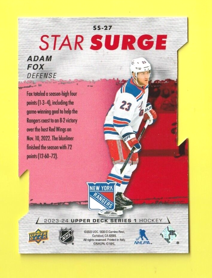 Adam Fox  -  Star Surge *RED*  DIE-CUT     SS-27  -  2023-24 Upper Deck Series 1