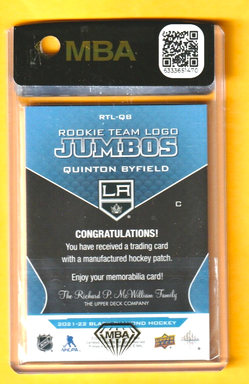 2021 Black Diamond Team Logo Jumbo Quinton Byfield ROOKIE PATCH #RTL-QB MBA AUTH
