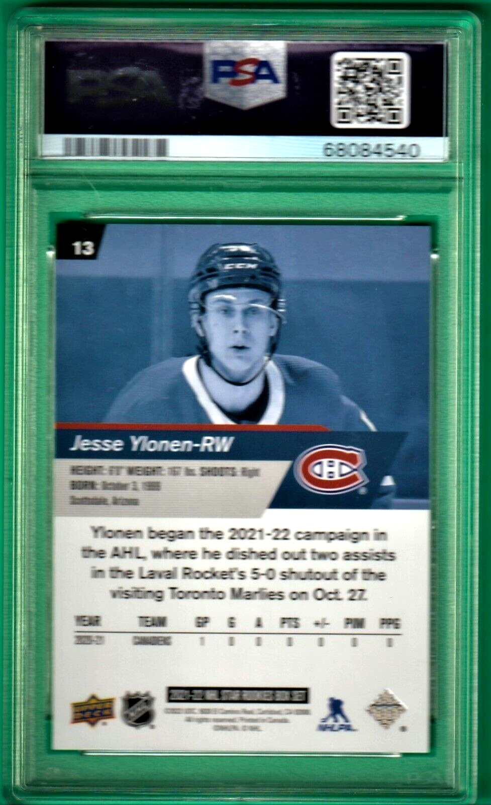 2021 Upper Deck NHL Star Rookies Box Set  -  Jesse Ylonen  ROOKIE #13 PSA 9 MINT
