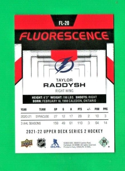 2021-22 UD Series 2 Hockey  Taylor Raddysh  Fluorescence RED    FL-20 Lightning