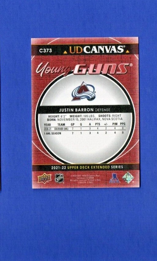 2021-22 Upper Deck Extended Justin Barron Young Guns Canvas RC #C373 - Avalanche