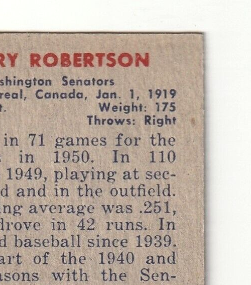 1951 Bowman  -  Sherry Robertson    -  Wasington Senators  #95   EX- EX+